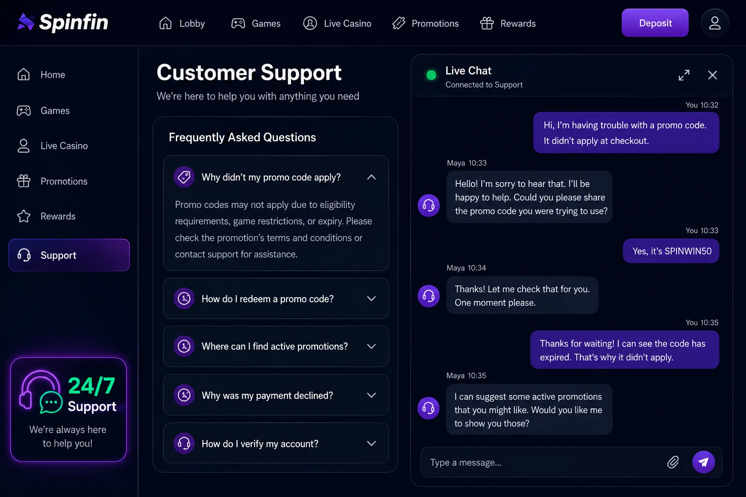 Customer support: what to do if your code doesn't work — Spinfin promo code